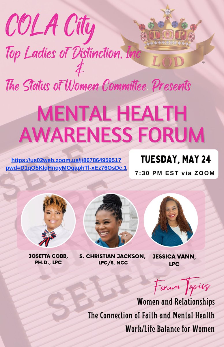 us02web.zoom.us/j/86786495951?…

May is Mental Health Awareness Month. Use the link above to join the TLOD COLA City Status of Women Committee for our Mental Health Awareness Forum on Tuesday, May 24 at 7:30pm. #TLODCOLACity #COLACity #TLOD #StatusOfWomen #COLACityStatusOfWomen
