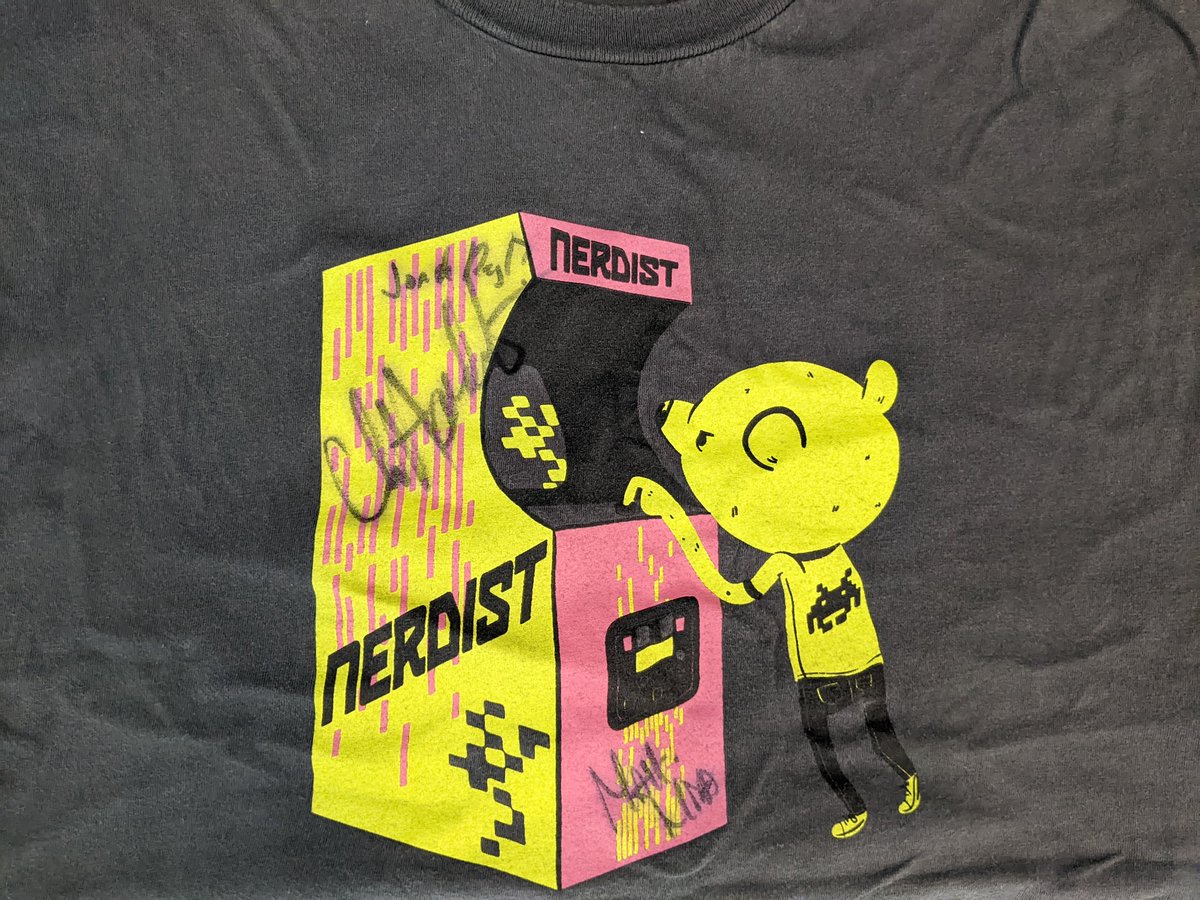 CPPcomics's tweet photo. Found my old @nerdist OG shirt that I got signed by @hardwick @MattMira and @jonahray after a live podcast back in SF. Been searching for this forever. Spring cleaning does wonders. https://t.co/U105UMnX1I