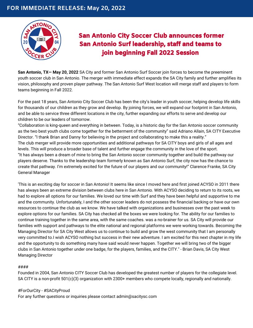 sacitysc's tweet photo. NEW ANNOUNCEMENT! โญ๏ธ
This afternoon SA City Soccer Club signed Former San Antonio Surf to join the Fall 2022 season!
We are beyond excited for the opportunity to unite our city and expand the pathway for players amongst our community.
#ForOurCity #SACityProud https://t.co/vQyQIOw6ft