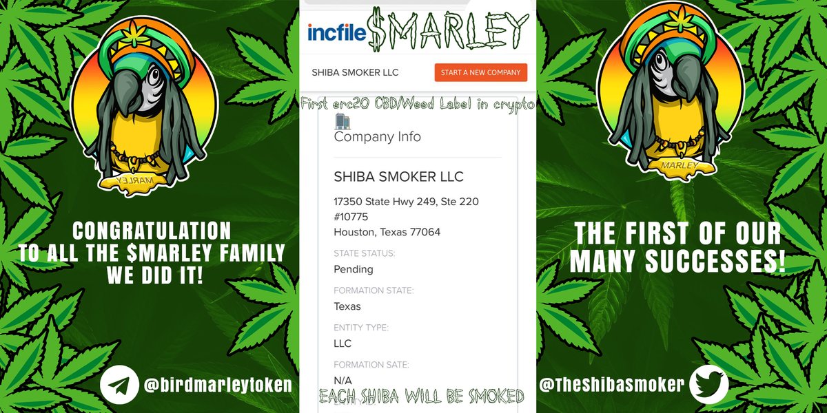 We did it friends, $MARLEY is officially the first erc20 CBD/Weed Label in crypto!
Green is our color, just like our future. 
<a href="/cz_binance/">CZ 🔶 BNB</a> <a href="/elonmusk/">Elon Musk</a> <a href="/IncomeSharks/">IncomeSharks</a> <a href="/EricCryptoman/">Eric Cryptoman</a> <a href="/crypto_bitlord7/">Crypto Bitlord</a> <a href="/iSmeshCrypto/">CK</a> <a href="/criptopaul/">Noodles</a> <a href="/chirocrypto/">🔱chirocryptø🦅</a> <a href="/ShibaPredator1/">QOM - Shiba Predator</a> <a href="/cryptoskullx/">CryptoSkull 💀 ze last bull standing</a>
 #CRYPTO #WEED