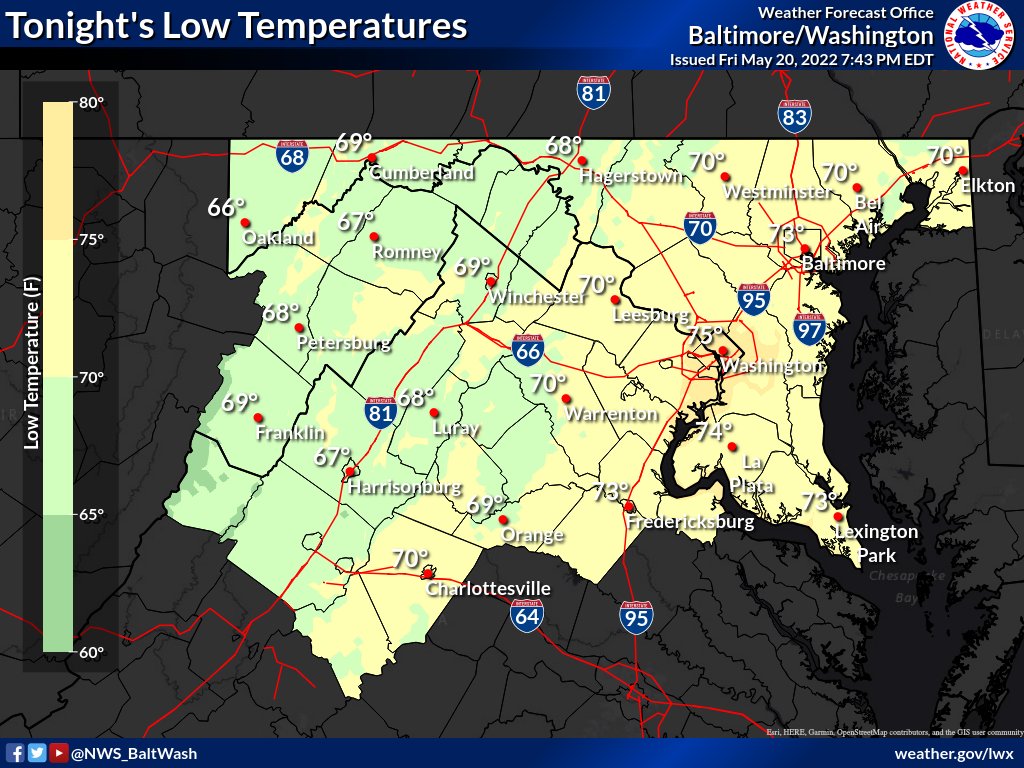 NWS_BaltWash's tweet photo. Conditions will be dry and mild tonight, with low temperatures in the 60s and 70s across the area. #DCwx #MDwx #VAwx #WVva https://t.co/wYDGoHscVC