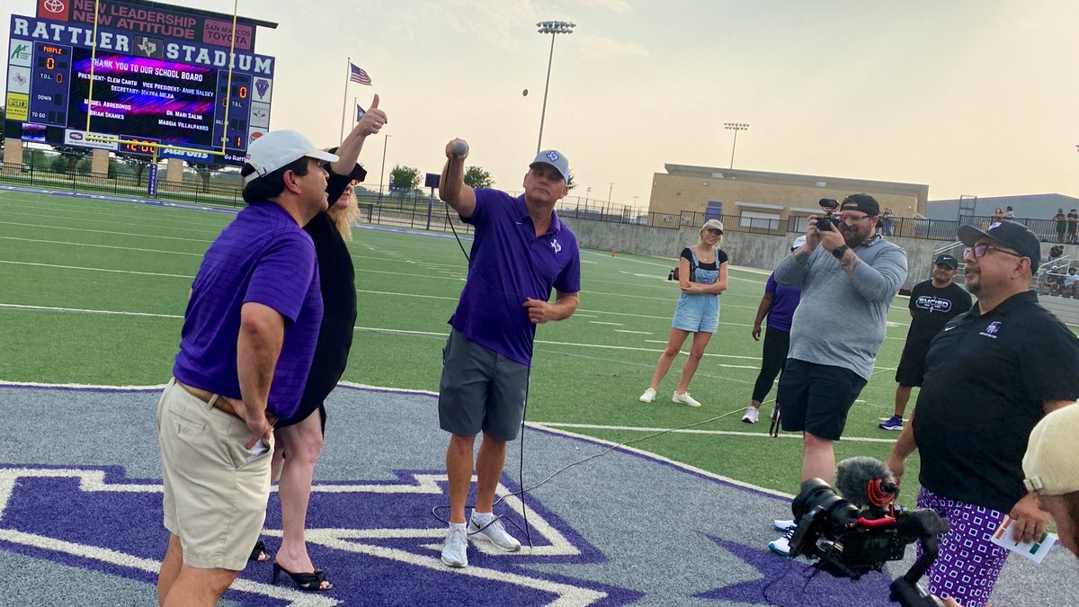 VoteJMA's tweet photo. Thanks @jwalshrattler for inviting the school board down onto the field prior to tonight’s spring football game. Great job @anne_halsey with that coin flip! 🐍 🏈 https://t.co/25xzibRqFA