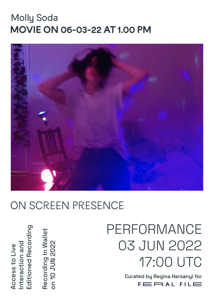 ReginaHarsanyi's tweet photo. Livestream Performance #5:
@mollysoda
When: June 3rd, 2022 at 1pm EST
Where: https://t.co/aOJEDqiGz8
Access to interaction and recording go on pre-sale May 23rd at 10AM EST
Auction for the unique video begins June 3rd and ends June 4th
#onscreenpresence https://t.co/WNONkwUXJg