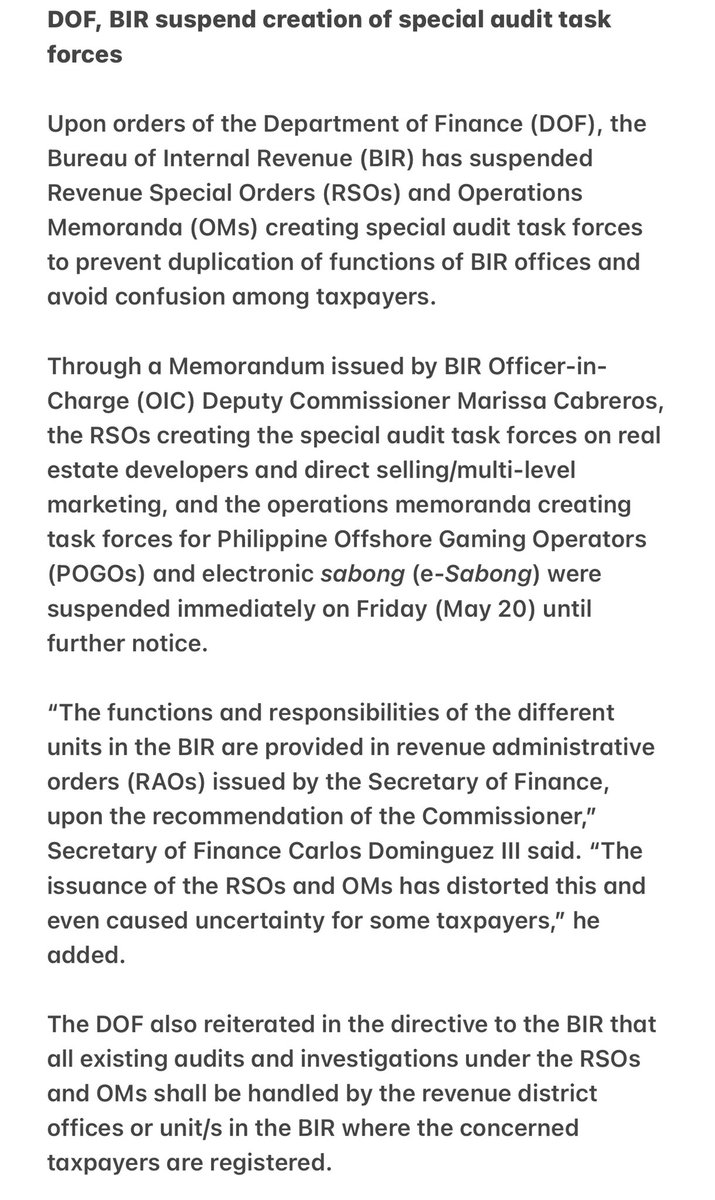 MBChinoLeyco's tweet photo. READ: Following the Megaworld fiasco, DOF orders suspension of BIR special audit task forces @manilabulletin https://t.co/ZEIzOgqZOw