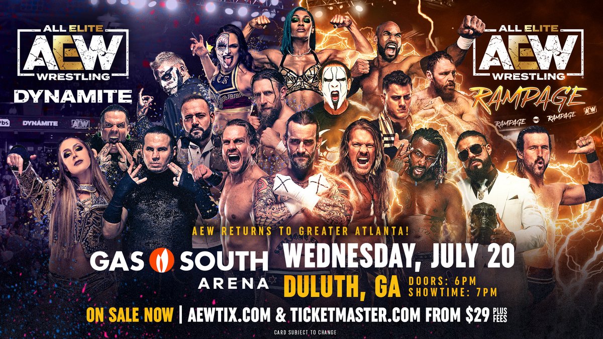 AEW's tweet photo. 🍑 #AEW is coming back to the greater ATLANTA area on Wednesday July 20 when #AEWDynamite &amp; #AEWRampage return to the @GS_District in Duluth, GA! Tickets (starting at $29+fees) are ON SALE NOW! 🎟 https://t.co/UN1cNj1kQq https://t.co/aAuGbDHTRD