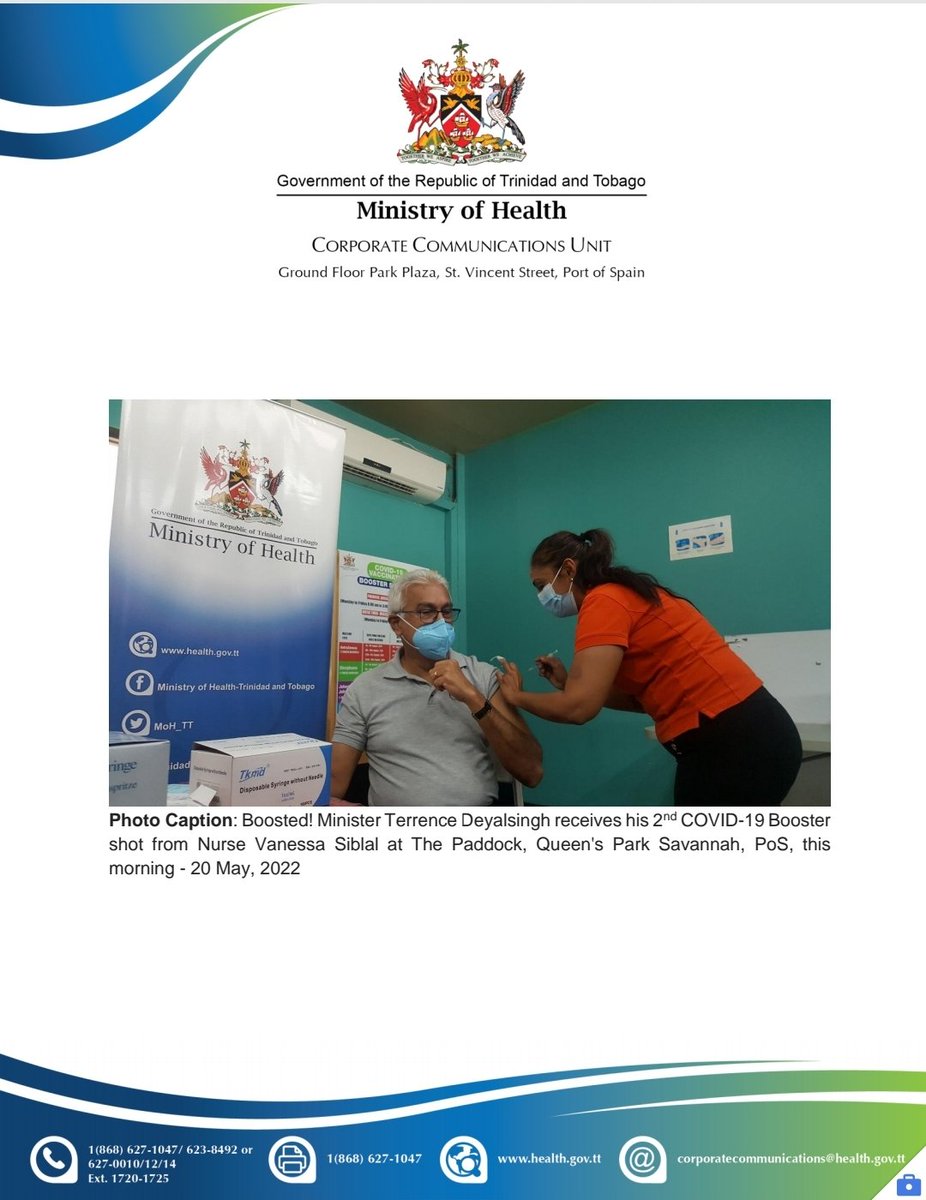 MrAlAlexander's tweet photo. MoH Media Release
Port-of-Spain, 20th May, 2022: The Honourable Terrence Deyalsingh, Minister of Health received his 2nd COVID-19 vaccine booster earlier today at the Paddock Queen’s Park Savannah, Port of Spain https://t.co/xX4F86eYuB