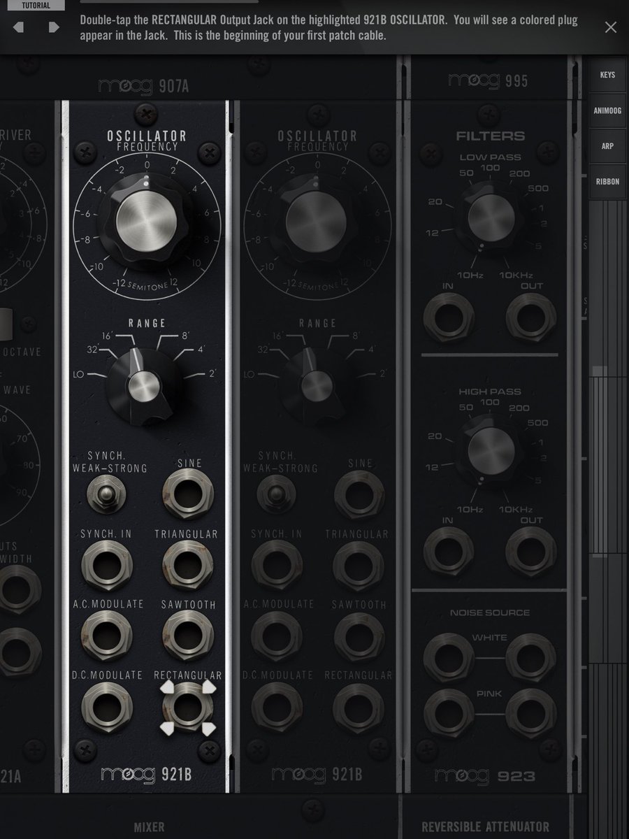 yss132tnk's tweet photo. iOSアプリでモジュラーシンセに触れるなら最初は #TANSUSynth
でも行きたいよね #MODEL15

最初はスパゲティ！と笑けてくる　デカい
プリセットひと通りの後はチュートリアルもあるよ
パルス波は“RECTANGULAR”って書いてあるね
拡大すると錆びてたり凹んでたりデザイン凝ってる https://t.co/XPAHPAqtPk