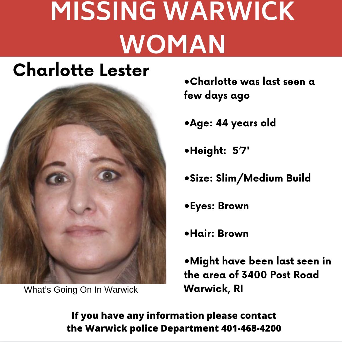 WhatsgoingonRI's tweet photo. ๐จPlease Retweet๐จ Missing Warwick Woman
#WarwickRI
#RhodeIsland
#MissingPerson
#WarwickPD https://t.co/wwIqRMcPQ0