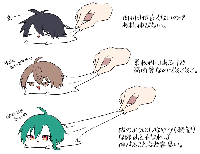 ありがとうございます～!🙌✨

せっかくなので、もちがどれくらい伸びるのかを試行してみました。皆共通してもちもちぷにぷにやわらかボディではありますが、やはり伸びには違いが出るみたいですね…。 