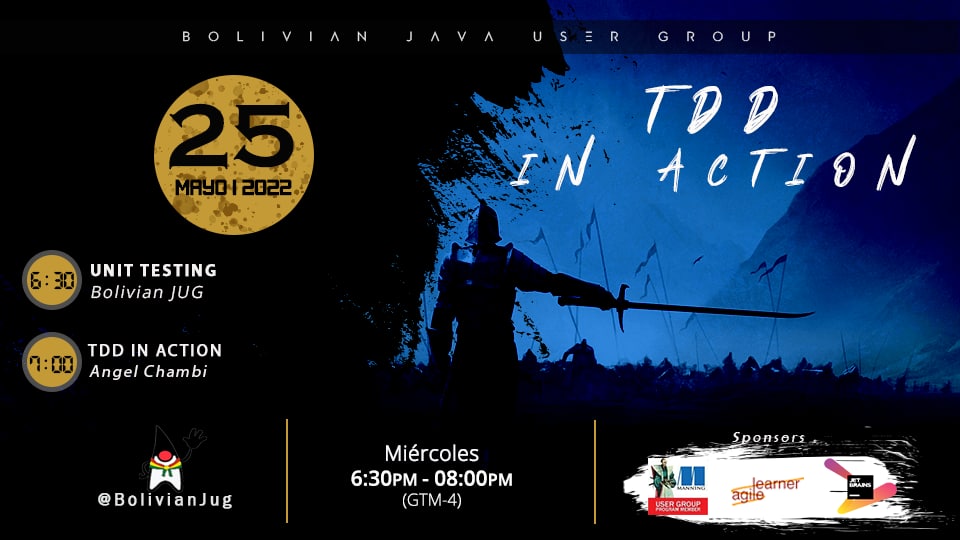 BolivianJUG's tweet photo. BolivianJug Virtual Meetup - Mayo 2022
18:30 - 19:00
Expositor: Bolivian JUG Organization Team
Título: JUG Note - Unit Testing
19:00 - 20:00
Expositor: Angel Chambi
Título: TDD in action
https://t.co/36dpqfA8sZ
@JugEvents #Bolivia #Jetbrains #AgileLearner #Java #Testing https://t.co/GAXftmCd2N