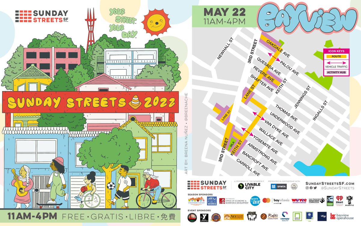 SundayStreets's tweet image. Celebrate the return of #SundayStreetsSF in Bayview this Sunday, 5/22 from 11am-4pm! Head to the sunny side to enjoy over a mile of block party vibes w live Jazz, Blues &amp;amp; Funk music, free kids activities &amp;amp; more!
🔗 sundaystreetssf.com/bayview/
🌞 Presented in partnership w @sfmta_muni