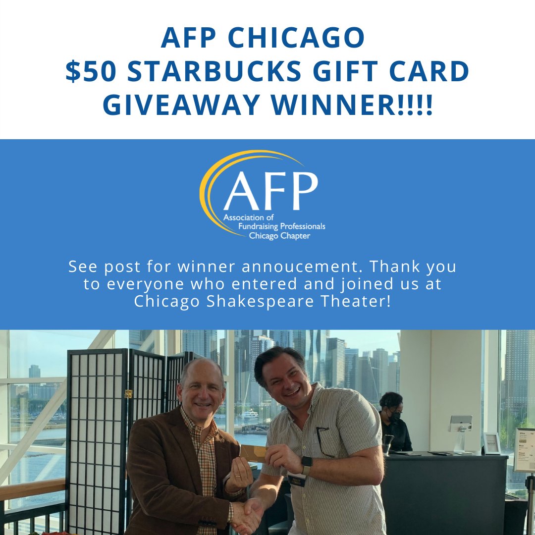 afpchicago's tweet photo. Congratulations to our $50 Starbucks Gift Card Winner, Frank Graffeo from The People's Music School! @PeoplesMusicSch Nathan Armstrong, AFP Chicago President, presented Frank's prize. Look out for the next membership contest.

#AFPChicago #ChicagoFundraising #Philanthropy https://t.co/N3kCKOGGJq