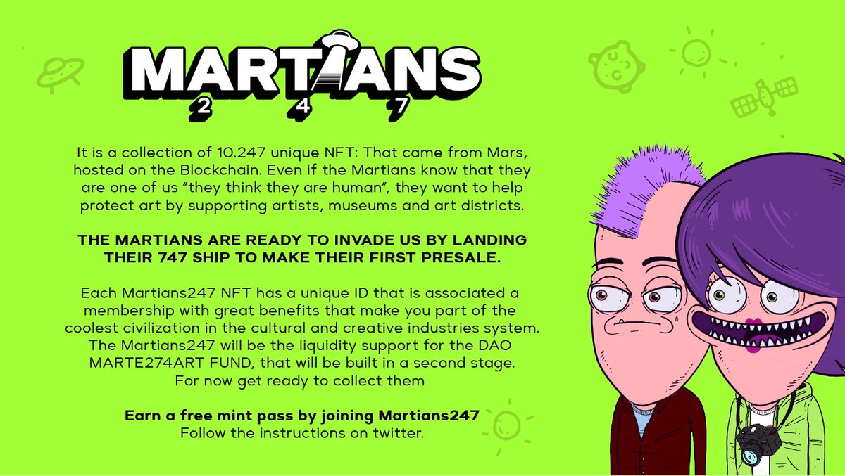 247Martians's tweet photo. Who are the Martians247 👀👁️🛸🚀
Earn a Free #MintPass By Joining Martians247
DAPP Soon.
#NFTCommunity #Giveaways #Whitelist #nftcollectors https://t.co/ZowHUVS5qO