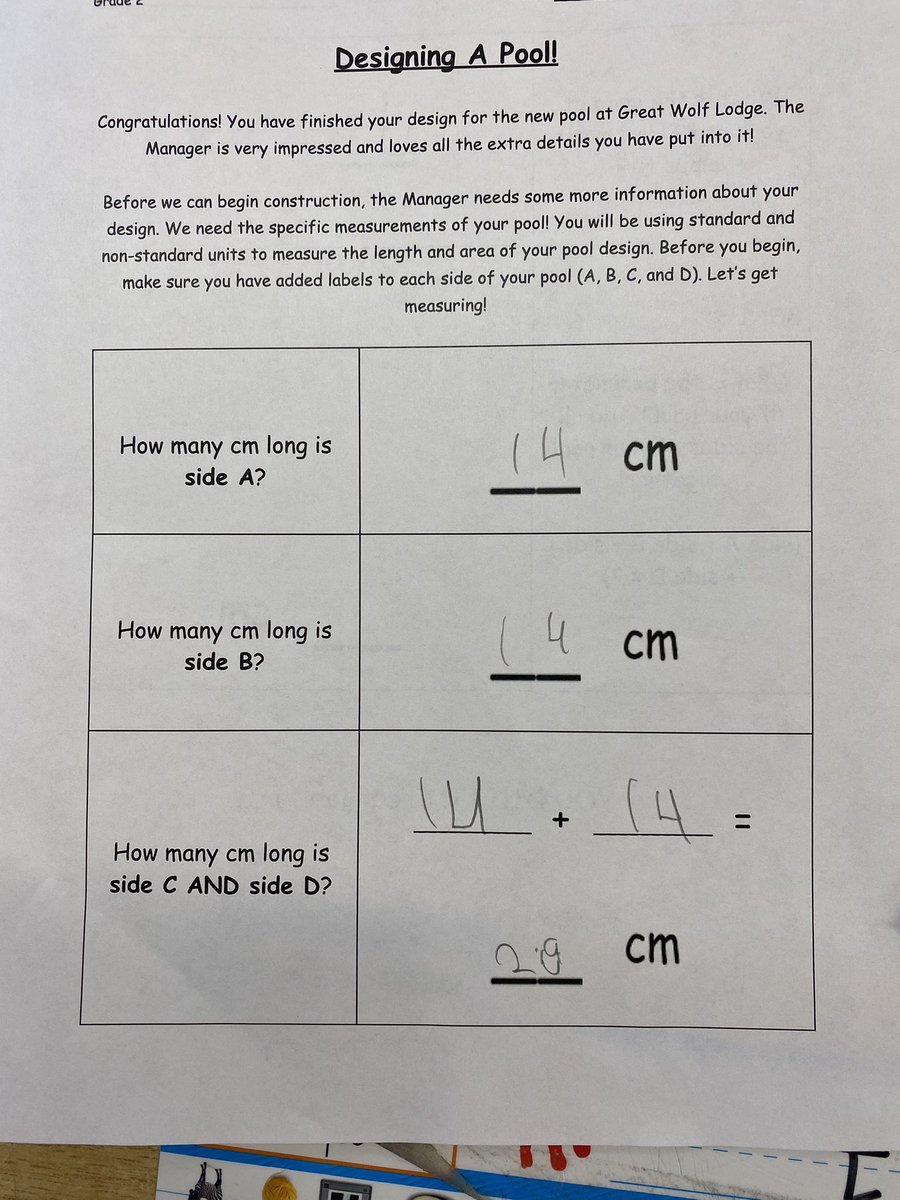 My class was hard at work this week designing a “new pool” for Great Wolf Lodge. They used their measuring skills to report the length and area of their pool designs - I’m so proud of them! I also love the extra details they added (notice the disco dance floor🕺🏻). <a href="/wilton_grove/">Wilton Grove P.S.</a>