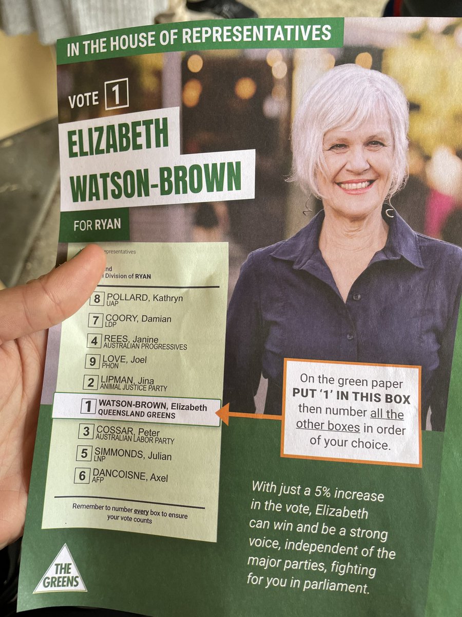 CarolineLHolley's tweet photo. Happily exercising my democratic privileges to support @EWatsonBrown and @Greens in Ryan. Enjoyed the tongue lashing from an LNP shill about how the youth have been brainwashed. I prefer “greenwashed” https://t.co/UIpIDWHCD3