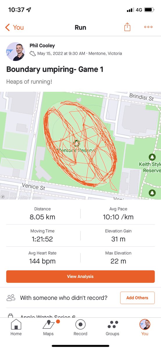 phil_cooley's tweet photo. Run 56 and 57/2022. 2 runs Last weekend - boundary umpiring 2 games of junior AFL footy. Was totally pooped after it 😄😩 #sundayruns https://t.co/MpUXCqs6dX