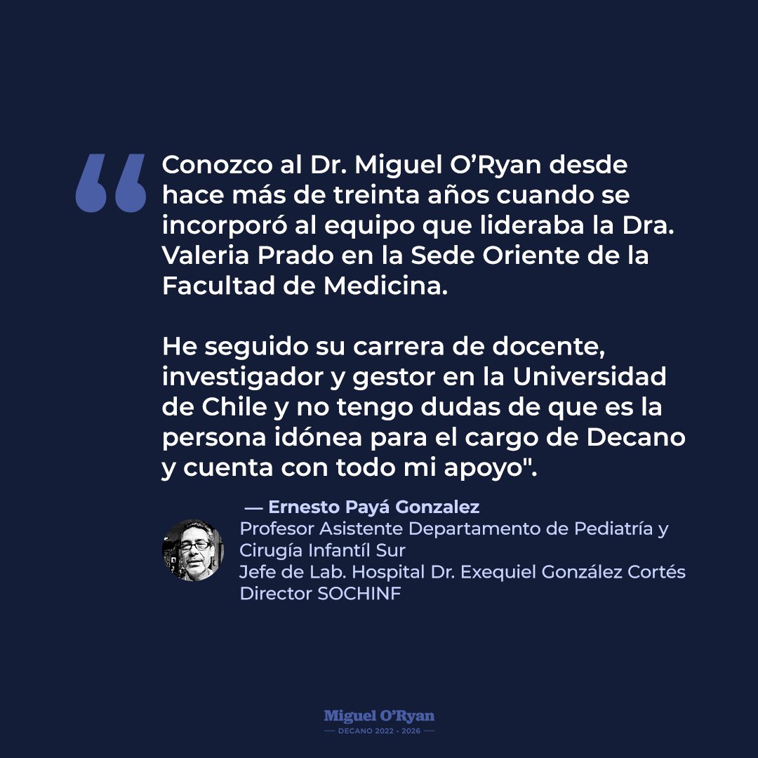 Tenemos un propósito y es mejorar la Facultad de Medicina de la Universidad de Chile colaborativamente para todos y todas. Agradezco tu apoyo Ernesto.
Sé parte de esta Hoja de Ruta que escribimos juntos, ingresa a migueloryan.cl y escríbeme tu mirada. ¡Únete!