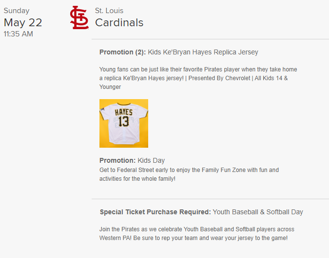 Pittsburgh Pirates Promotional Schedule 2022
This Weekend --> Kids Ke'Bryan Hayes Replica Jersey Day!
pittsburgh.net/.../pittsburgh…
#pittsburgh #pittsburghpirates #letsgobucs