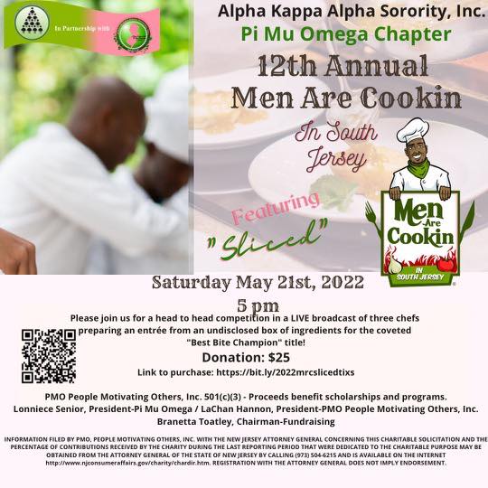 The event of the year is finally here! Tomorrow 5pm 
Pi Mu Omega Chapter of Alpha Kappa Alpha Sorority, Inc. 12th Annual Men Are Cooking South Jersey
Local chefs are going head to head to take take home the “Best Bite” Title!! Grab your tickets below 
bit.ly/2022mrcslicedt…