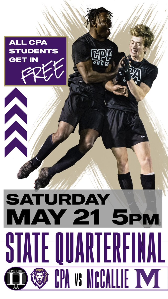 CPALionsSoccer's tweet photo. State Quarterfinal match
⚽️ CPA vs McCallie
🗓 SATURDAY May 21, 5:00 PM
🚫💰 FREE admission for CPA students
@CPALionsSports 
@cpalions https://t.co/awMDSwzNZz