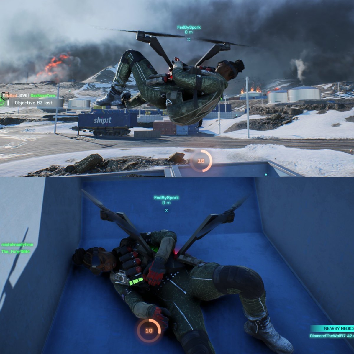 iayogib's tweet photo. Someone on my own team picked me up with their drone and put me in a dumpster. They really threw out the trash - they literally dumpstered me! 🙃🥲 I guess that's where I belong... #BF2042  #Battlefield2042 https://t.co/cnCFxEa0pQ
