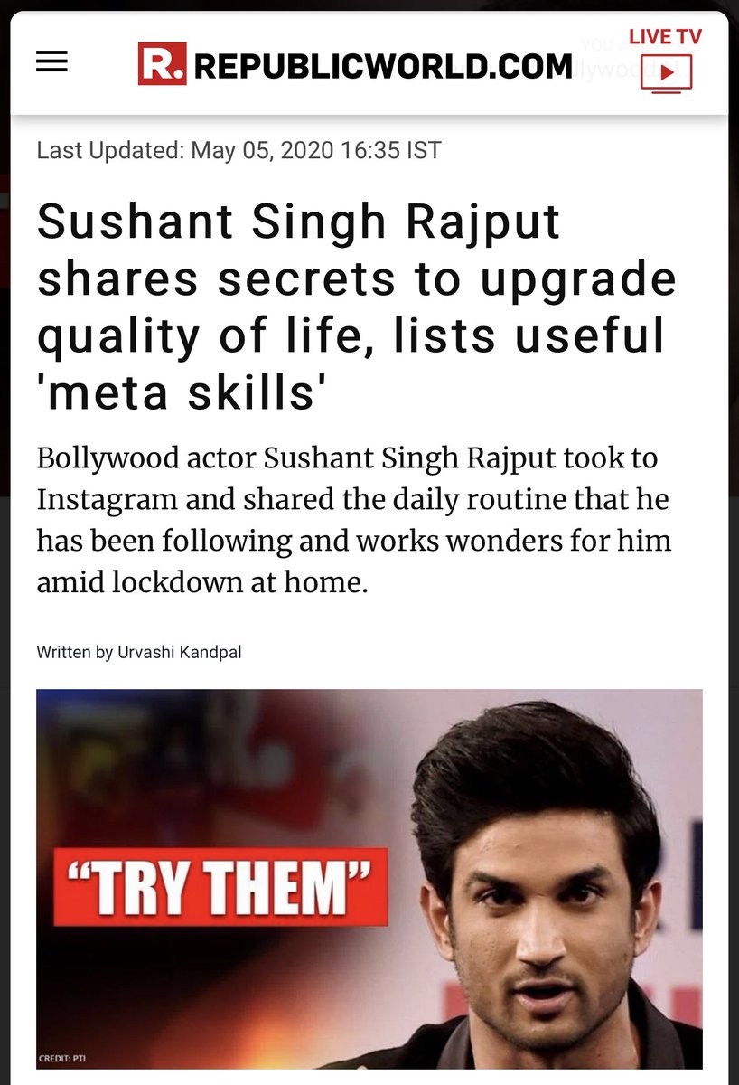 itsPPP4747's tweet photo. @withoutthemind On May 5’20 .@itsSSR posted abt meta skills to improve quality of life
He was planning to start his workout &amp; transcendental meditation from 29th June
He loved his live &amp; was planning ahead
Why was su!cide narrative pushed?

Justice Will Prevail For SSR
Never forget never forgive https://t.co/sEW76okyph