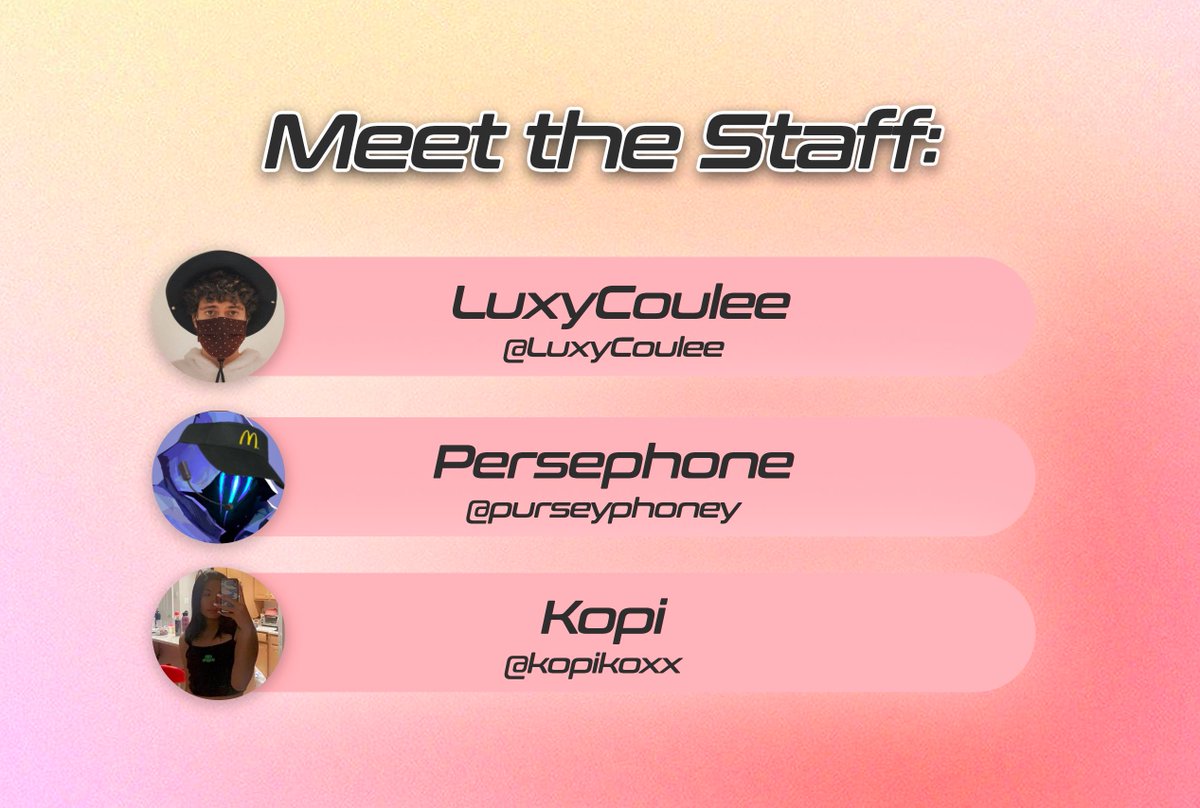 Meet the staff 💅 #ClearedTBH 
❤️ <a href="/LuxyCoulee/">her</a> 
🧡 <a href="/purseyphoney/">persephone</a> 
💛<a href="/kopikoxx/">kopi ♡</a>