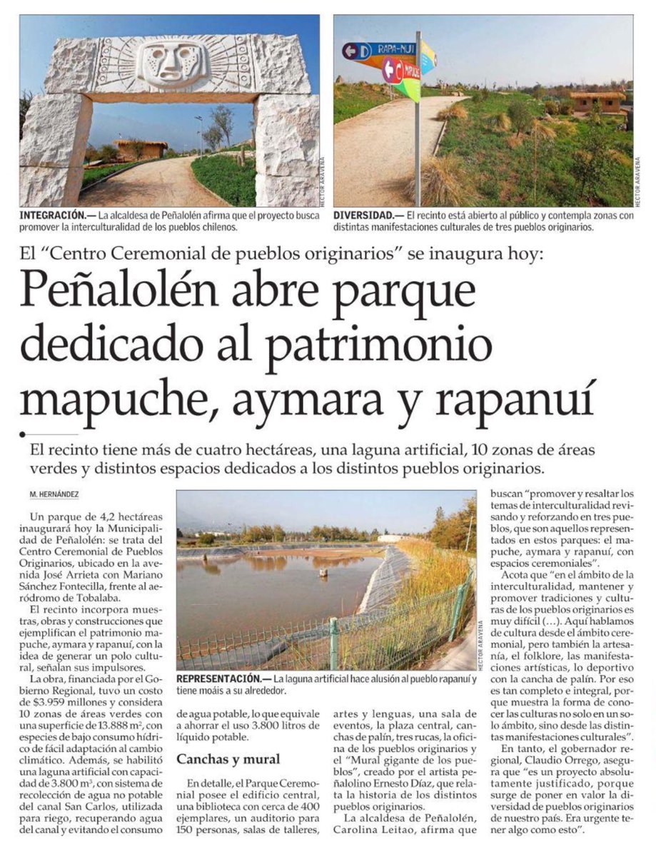 cleporati's tweet photo. Interesante proyecto de la comuna de #Peñalolén que inauguró hoy un parque dedicado al patrimonio #mapuche , #aymara y #rapanui.
Se trata de ir normalizando un país intercultural y plurinacional. https://t.co/O5OEWUEdYX