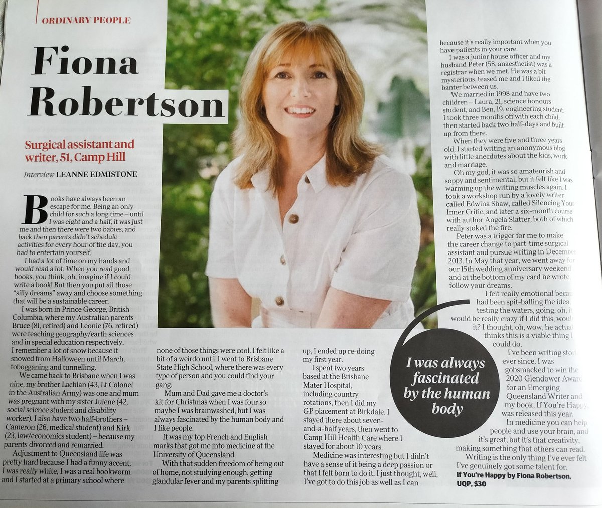 rayseewriter's tweet photo. A lovely story by @LeanneEd about my #writing friend @FionaRRobertson in #QWeekend in the @couriermail today.
#IfYoureHappy #AusWrites https://t.co/YIQFIWVvrl