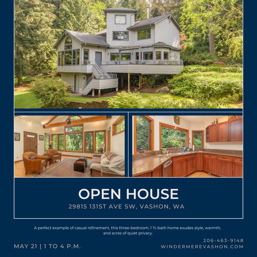 Windermere_VMI's tweet photo. A perfect example of casual refinement, this three-bedroom, 1 ¾ bath home exudes style, warmth, and acres of quiet privacy.
Stop by for an open house from 1 to 4 p.m. tomorrow, May 21.
For more information, visit https://t.co/FrbsBFNju4 https://t.co/vG112WjZqR