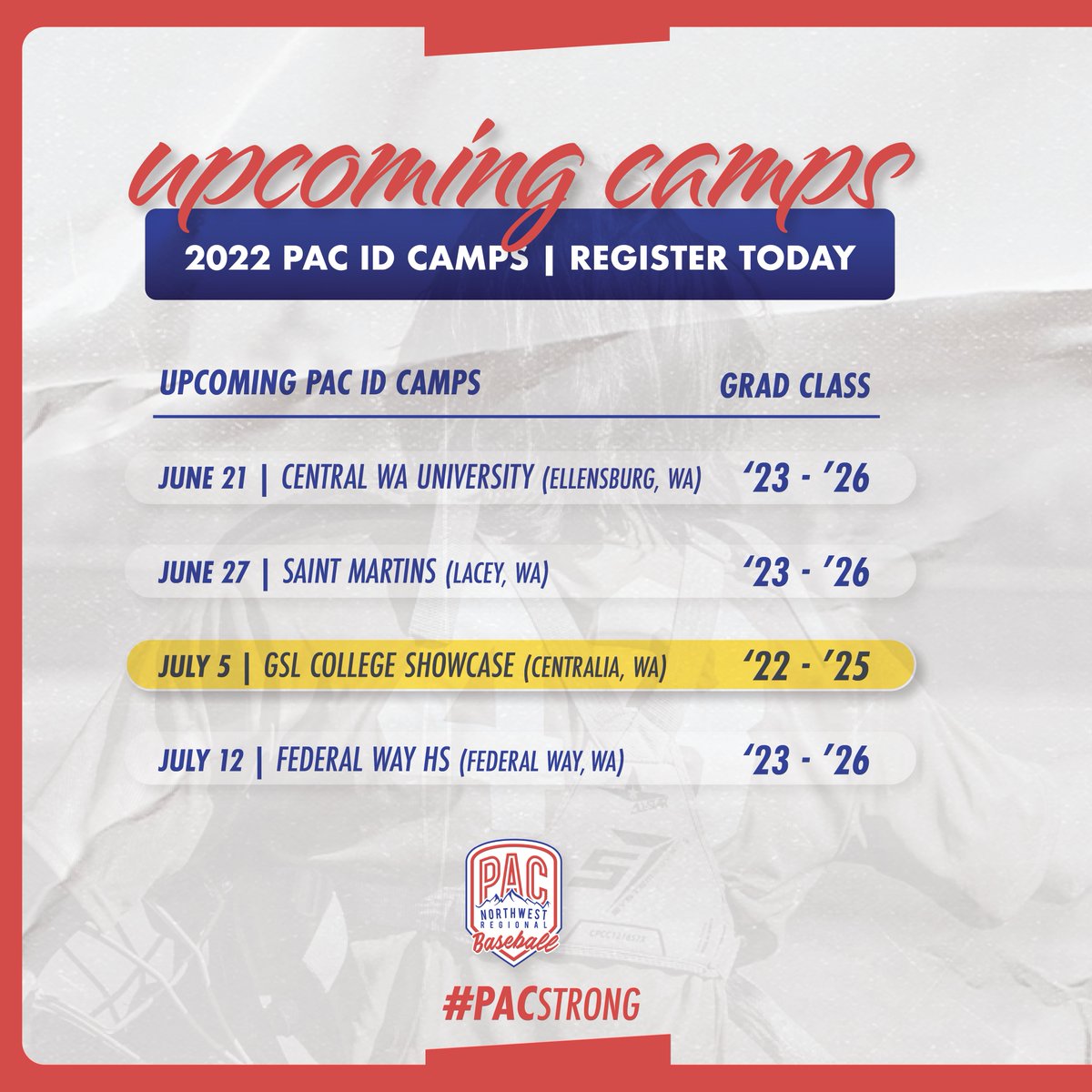 PNWBaseball's tweet image. PAC ID Camps are filling up quickly! SIGN UP to gain great exposure and possibly be selected to represent the Northwest at one of our other upcoming events 👉 bit.ly/3syFmdv

✅ 2022 PNW Games

✅ PNW National Team

✅ Fall Ball / Scout Team

#PACstrong