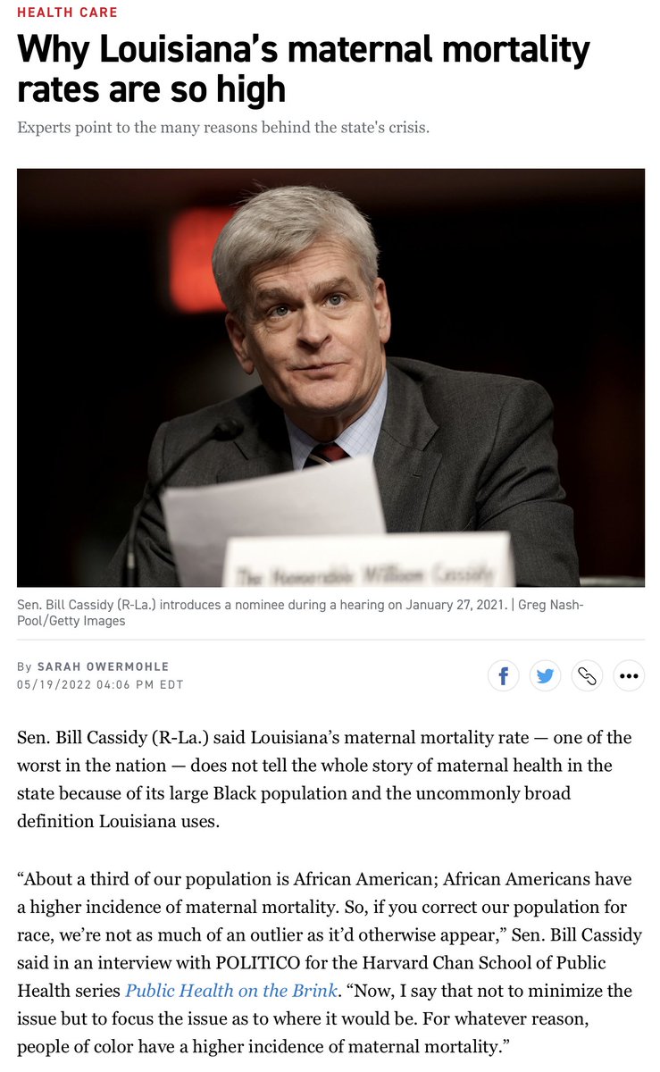 RobinLynneKelly's tweet photo. To think that Sen. @BillCassidy, who is an MD, can downplay Louisiana's maternal mortality rate because a third of the state's population is African American reinforces the underlying biases among medical professionals that might interfere with delivering the best maternal care. https://t.co/MJr79z6TKN