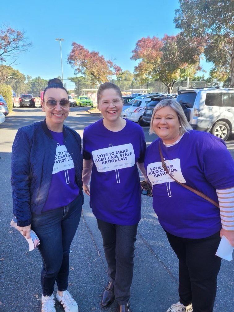 ANMFSA's tweet photo. Aged Care Activism. Our CEO/Secretary Adj Associate Professor Elizabeth Dabars leading our team at Brighton and other polling stations in Boothby. Only a vote for Labor, the Greens and key independents will bring about genuine change to the broken Aged Care sector. #ItsNotTooMuch https://t.co/5cSx2QhHB9