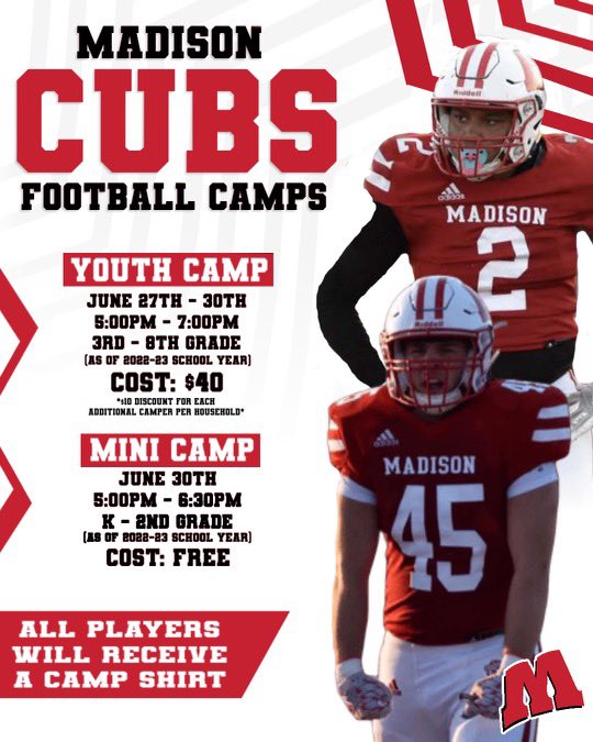 MadCubsFootball's tweet photo. Summer Youth Camp Dates are set! 
Register your campers today! Instruction by coaches &amp; players on the High School team! Come out for some FUNdamentals &amp; Competition! Links to register are in our bio!
#buildingBEASTS #TEAM #WIN #NoBadDays #GoCubs 
Graphic Cred: @_MackDesigns https://t.co/kFzGNQAOba