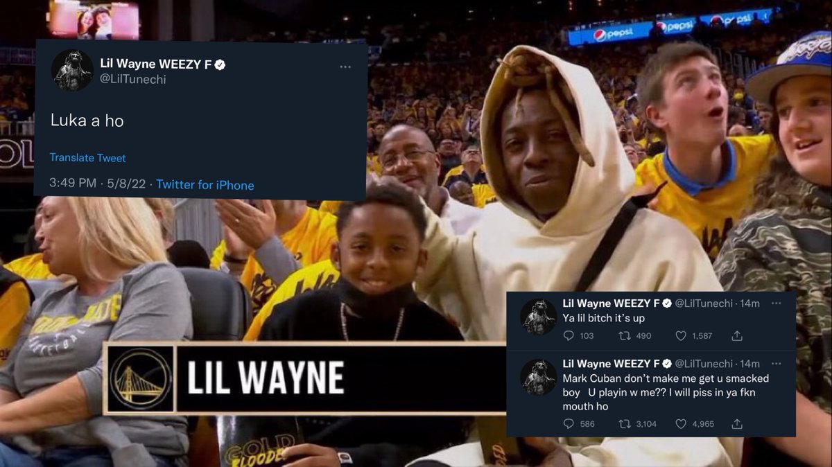 RTNBA's tweet image. Lil Wayne courtside Game 2, Mavs v Warriors: