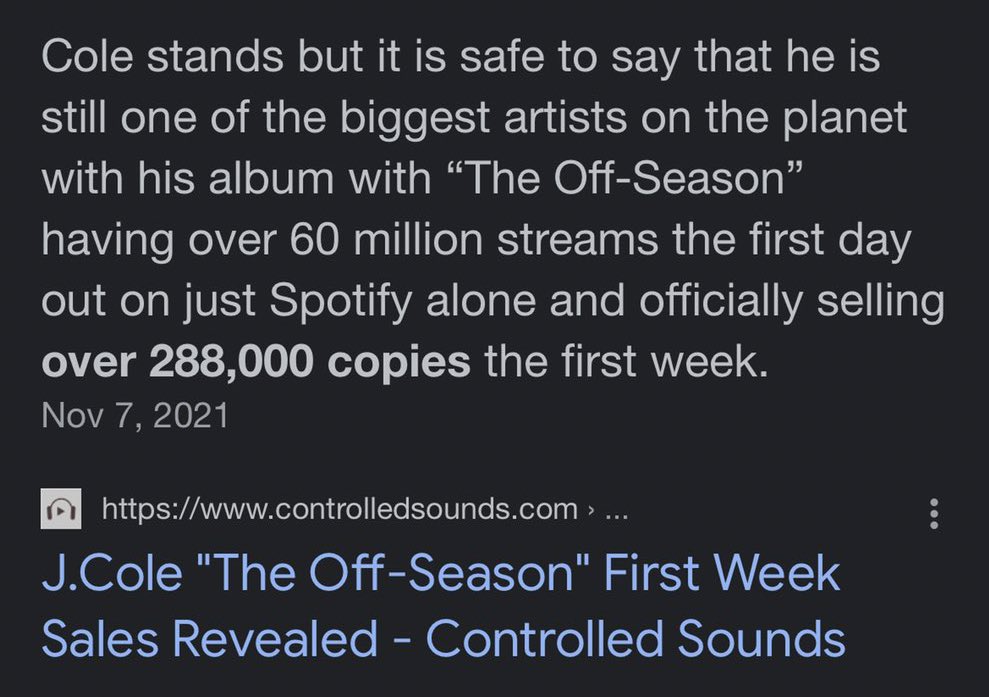 TeamDreamville's tweet photo. J. Cole’s “The Off-Season” outsells Kendrick Lamar’s latest album in the first week

J. Cole - 288k
Kendrick - 286k

😳 https://t.co/uyZlqVHP9F