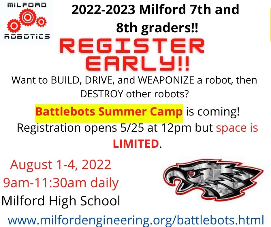 Incoming Milford 7th and 8th graders! It is coming! Our first ever Battlebots Summer Camp! We are limited to 16 spots - register early! 
milfordengineering.org/battlebots.html 
@MDVElementary <a href="/Milford_Schools/">Milford Schools</a> <a href="/McCormick_Elem/">McCormick Elementary</a> 
<a href="/seipeltsoars/">Seipelt Elementary</a> <a href="/pattisonpath/">Pattison Elementary</a> <a href="/MulberryEagles/">Mulberry Elementary</a> <a href="/MJHS_Goetz/">Misty Goetz</a>