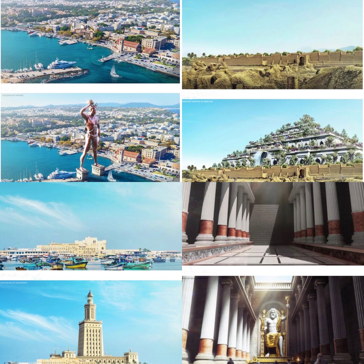 alexiaKefalas's tweet photo. Le #Colosse de Rhodes en #Grèce, les jardins suspendus de #Babylone en #Mésopotamie, le Phare d’Alexandrie en #Egypte, la Statue chryséléphantine de Zeus à Olympie. Quand la technologie fait renaître les 7 merveilles du monde ☀️⚡️✨ https://t.co/fuuQ6ZdH2f