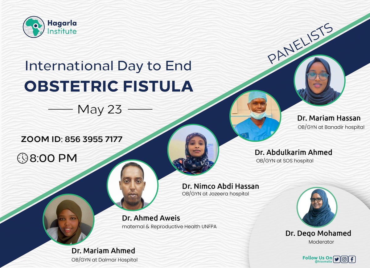On International Day to End Obstetric Fistula May 23, our elite panelists, Somali’s leading OB/GYN specialists, will discuss ending Obstetric Fistula and how we should all work to gather to make it happen. 

#obstetricfistula #Somalia #Hagarlainstitute