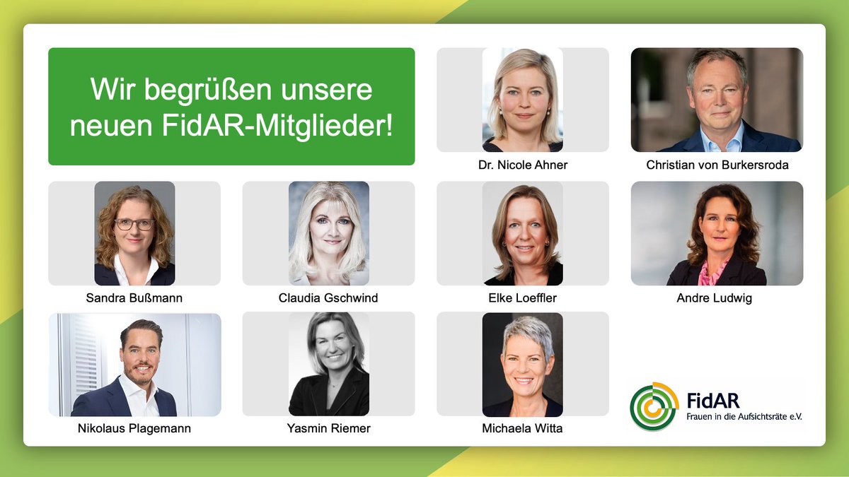Herzlich willkommen bei FidAR! Wir begrüßen unsere neuen Mitglieder. Starke Frauen und Männer für ein starkes Netzwerk!
Wenn auch Sie unsere Arbeit für #Gleichstellung und #FraueninFührung unterstützen und von unserem #Netzwerk profitieren wollen: fidar.de/mitgliederbere…