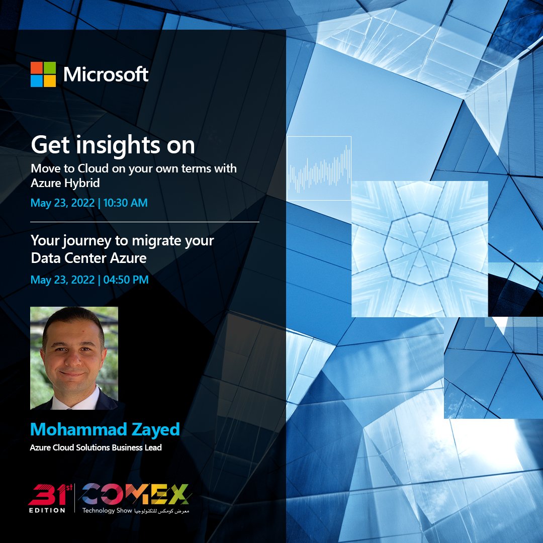 microsoftgulf's tweet photo. Join our workshops with Mohammad Zayed, the Azure cloud solutions business lead at Microsoft, and get insights on how to migrate to cloud with Azure hybrid. https://t.co/vHo9nGgVvm