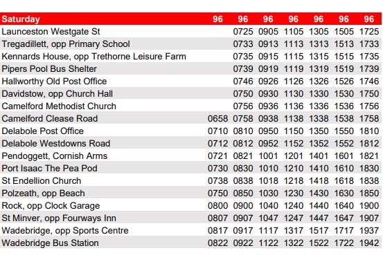 GoCornwallBuses's tweet photo. #TFC96 Following the damaged bridge and closure just outside Wadebridge there is an emergency timetable coming into effect for Service 96 from Thursday 19th May until the road is re-opened. Please find attached the Saturday timetable here. Full Details: https://t.co/g9M1zuRl8N https://t.co/aPe8xsXN6q