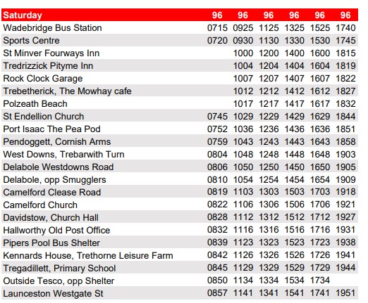GoCornwallBuses's tweet photo. #TFC96 Following the damaged bridge and closure just outside Wadebridge there is an emergency timetable coming into effect for Service 96 from Thursday 19th May until the road is re-opened. Please find attached the Saturday timetable here. Full Details: https://t.co/g9M1zuRl8N https://t.co/aPe8xsXN6q