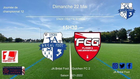 FootJa's tweet image. ⚽️ Programme séniors 
Dimanche 22 mai

- Sénior A 15h30 à Bréal : JA Bréal 🆚 Guichen FC 2 
- Sénior B 13h30 à Bréal : JA Bréal 🆚 Rennes Espérance 2 
- Sénior C 15h30 à Pont-Pean : US Pont-Pean 2 🆚 JA Bréal