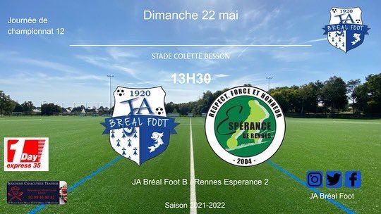 FootJa's tweet image. ⚽️ Programme séniors 
Dimanche 22 mai

- Sénior A 15h30 à Bréal : JA Bréal 🆚 Guichen FC 2 
- Sénior B 13h30 à Bréal : JA Bréal 🆚 Rennes Espérance 2 
- Sénior C 15h30 à Pont-Pean : US Pont-Pean 2 🆚 JA Bréal