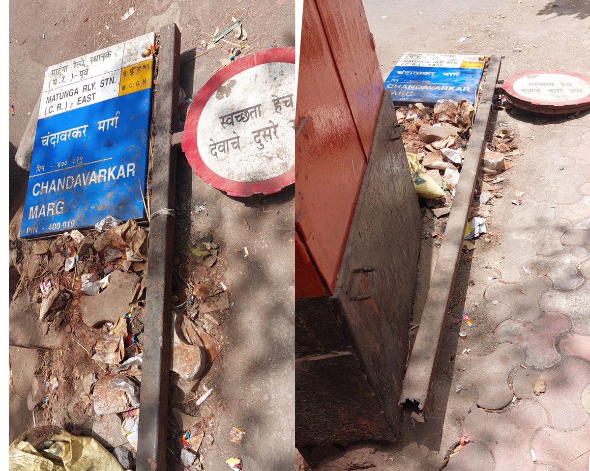 jesalkotharibjp's tweet photo. Street name board is seen broken &amp; fallen towards footpath,Due to which pedestrian are not able to use footpath &amp; street name is also not visible.Kindly get the repair work done on immediate basis.Add:Opp Union Bank of India,chandavarkar road,Matunga-19 
#Ward183 #Matunga @mybmc https://t.co/Vhp608m02c