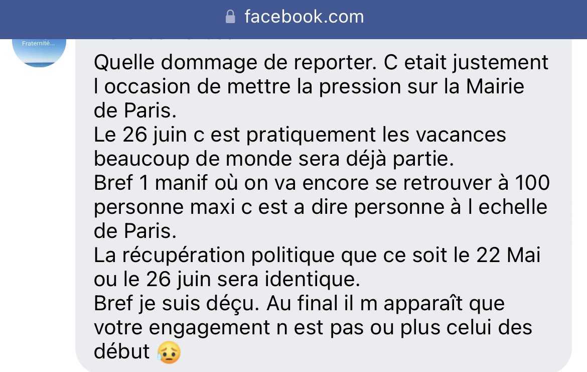 Les anciens du mouvement #SaccageParis ne font plus l’unanimité apparement…

Avec à peine une certaine de participants la manifestation du 22/05 pardon du 26/06 fera un bide monumental ! 

<a href="/UnionParisienne/">UnionParisienne75</a> <a href="/ChaRocher/">Charlotte Rocher🎗️</a> <a href="/gloupsback/">Caroline Jaeger</a> <a href="/ChakTarSan/">Tarpin_Serrant 🎗️</a> <a href="/didierrykner/">Didier Rykner</a> <a href="/saccageparis/">#saccageparis</a>