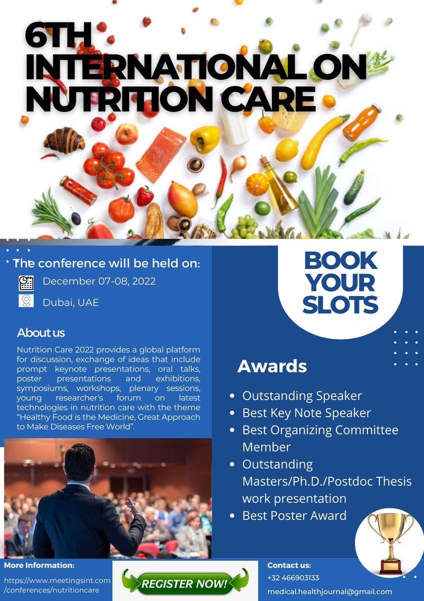Call_papers's tweet image. Expand the scope of Research &amp;amp; Innovations at 6th International Conference on Nutrition Care.
Date: December 07-09, 2022.
Venue: Dubai, UAE
Visit our website: meetingsint.com/conferences/nu…
Contact us: medical.healthjournal@gmail.com
#nutritioncare #nutrition #sportnutrition