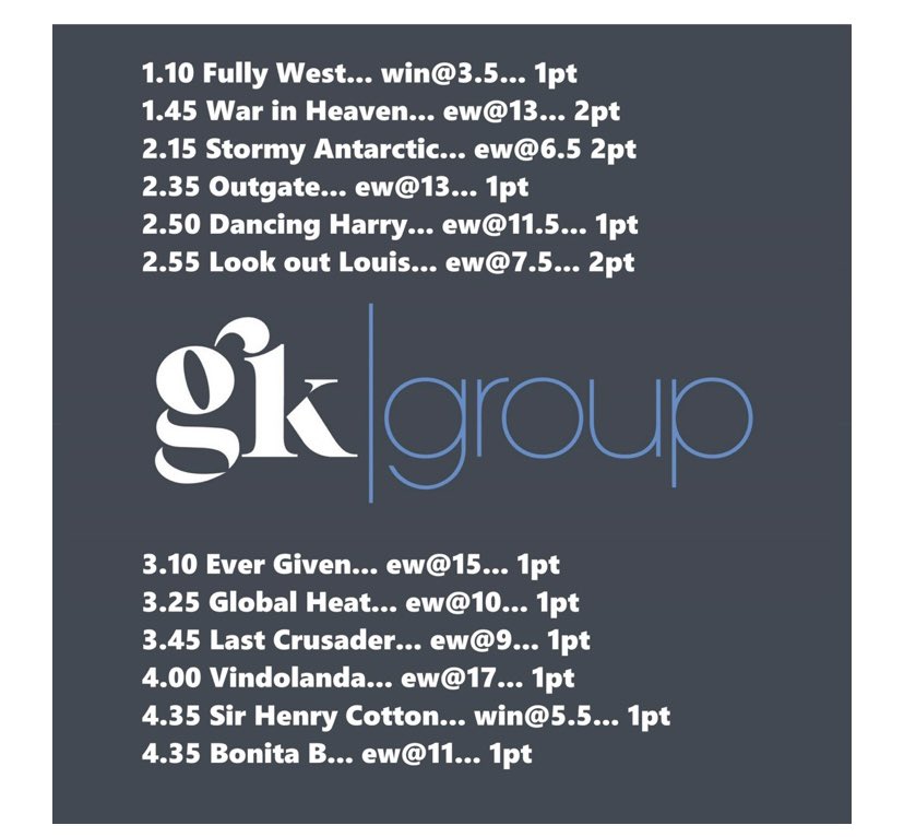 GKGrouptips's tweet photo. Todays tips, lots of good racing today. Good luck to everyone having a bet #gktips #HorseRacingTips https://t.co/Lazfnwoi1V