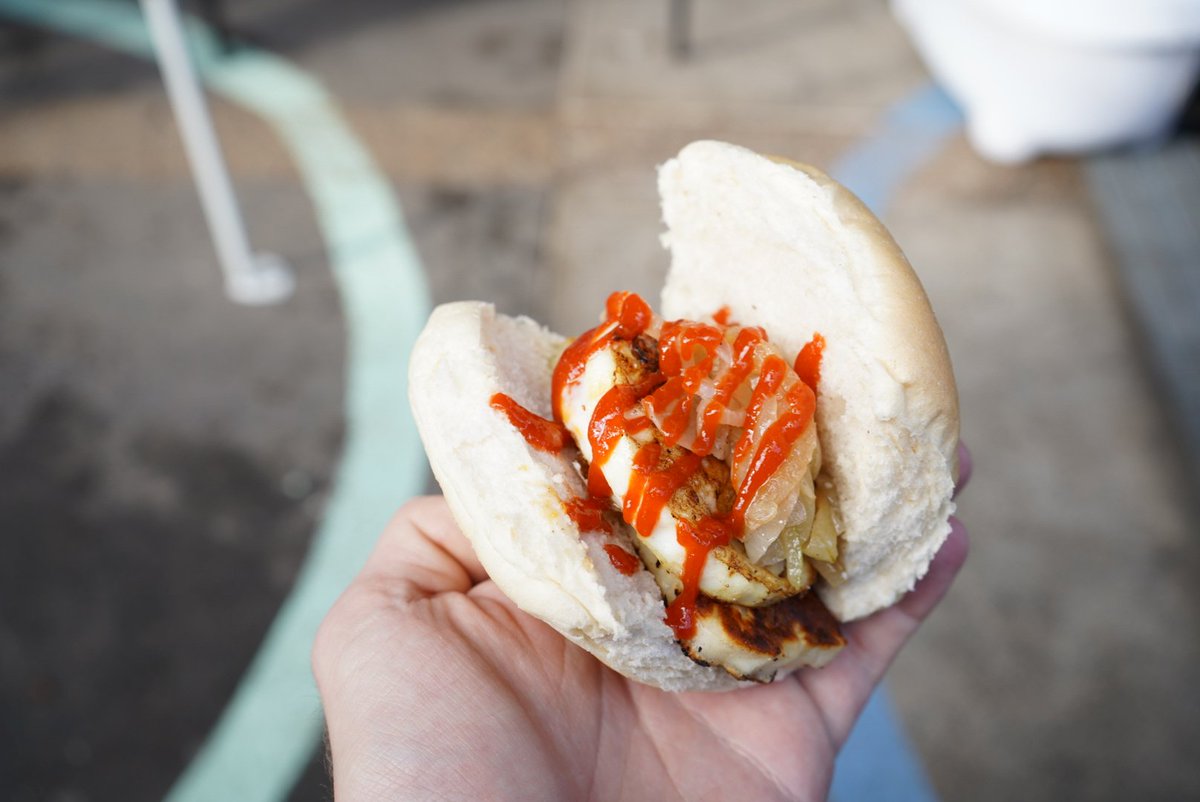An Anthony Alba-cheesy roll (Halloumi and egg) at Camdenville public school this morning. #AusVotes22 #AusPol2022 <a href="/CentralNewsUTS/">UTS Journalism</a>
